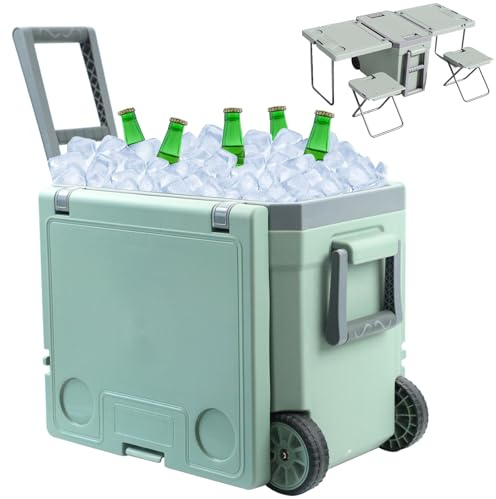 32L Passive Camping Kühlbox mit Rollen zum Ziehen, 3 in 1 Kühlboxen Ohne Strom mit Tisch und Hocker Tragbare Mobile Thermobox für Camping Picknick Outdoor Auto