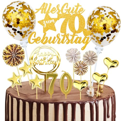 Tortendeko 70. Geburtstag Deko, 20 Stück Gold Kuchendeko Cake Topper mit Geburtstagskerzen, Konfetti, Luftballons und Papierfächern