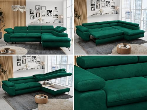 MKS MEBLE Ecksofa Wohnlandschaft L-Form mit Schlaffunktion und Bettkasten, Schlafsofa mit Bettkasten, Sofa mit Einstellbare Kopfstützen, Peter L - Velvet - Rechts Dunkelgrün