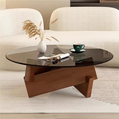 DAXUESEH Table Basse Moderne du Milieu du Siècle Table Basse en Verre Table Basse Ronde avec Pied en Bois Massif Et Plateau en Verre Tables Basses Contemporaines pour Le Salon
