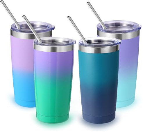 Volhoply 550 ml reseisolerat glas med lock och sugrör storpack 4-pack, dubbelvägg rostfritt stål kaffemugg passar kopphållare, pulverlackerad kopp för varma och kalla drycker, BPA-fri (blandade, 4 set