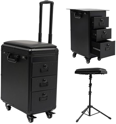JJENXYYDS Tragbarer Make-up-Koffer mit 3 Schubladen, Make-up-Koffer mit Zahlenschlössern, Rollkoffer mit 4 Universalräder – mit Bremsen für Kosmetiker, Maniküre, Friseur, Tätowierer