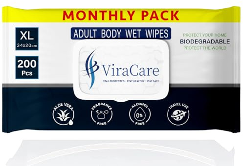 200 Biodegradable Adult Wipes - Intimate & Body Wipes With Aloe Vera | Extra Large Size 34 x 20 cm