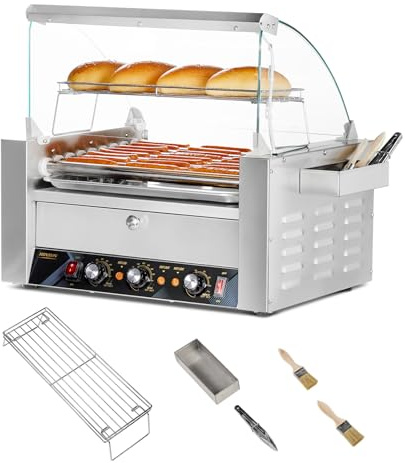 ROVSUN Hot Dog Roller, 24 Hot Dog 9 Rollers ETL Certified, Hot Dog Machine with Bun Warmer, Dual Temp Control, Glass Cover, LED, Side Storage Box, Shelf & Drip Tray for Party Home Commercial 1500W