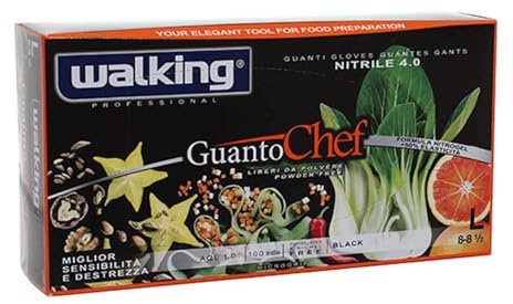 Generico WALKING GUANTI CHEF NERI IN NITRILE - PACCO DA 1000 PEZZI - | VARIE TAGLIE IN OFFERTA | 4 GRAMMI - USO PROFESSIONALE RISTORAZIONE FOOD CHEF ALIMENTARE ALIMENTI (L)