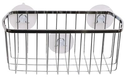 Bathroom Suction Caddy Metal Basket Shower Organiser No-Drilling Cup Deep Rectangular Storage for Bathroom & Kitchen Stainless Steel Self-Draining Storage Solution