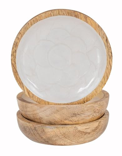 levandeo 3er Set Teller 10cm Mango Holz Creme Perlmutt Emaille Snacks Dip Schale Tischdeko Ablage Holzteller Deko Fingerfood
