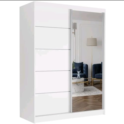 Gaba furniture 120 cm White Sliding Door Wardrobe with Mirror Width 100/120/150/180/200/250 cm Bedroom Wardrobe with Hanging Rail and Shelves Colours White/Black/Sonoma