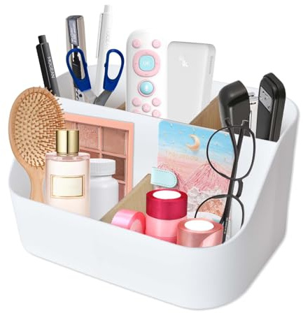 DecorDwell Schreibtischorganisator, 5 Fächer Bambus Büro Organizer, Multifunktionaler Stifthalter, Schreibtisch Organisatoren, für Bürobedarf, Schreibwaren und Schreibtisch Accessoires Büro, Weiß