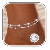 Diamday Vristlänk för kvinnor silver 925 fotkedjor för kvinnor justerbar dekorativ fotkedja silver pärlor gnistrande CZ hjärta stapelbar fotkedja set strand smycken vristlänk kvinnor, Sterlingsilver