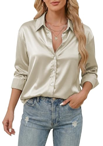 Stamain Dam Silkesblus, Satin, Långärmad Button Down, Enkel Skjorta Ledig Kontor Affärstopp, Champagne, 4XL