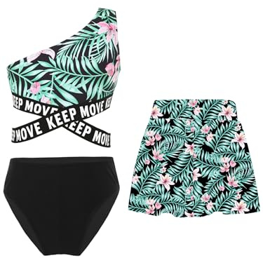 Freebily Flicka Baddräkt 3 Delar Tankini Strand Hav Crop Kort Topp + Trosor Badbyxor + Minikjol Baddräkter Strandbikini Trikini Baddräkt Strandkläder, Svart A, 11-12 år
