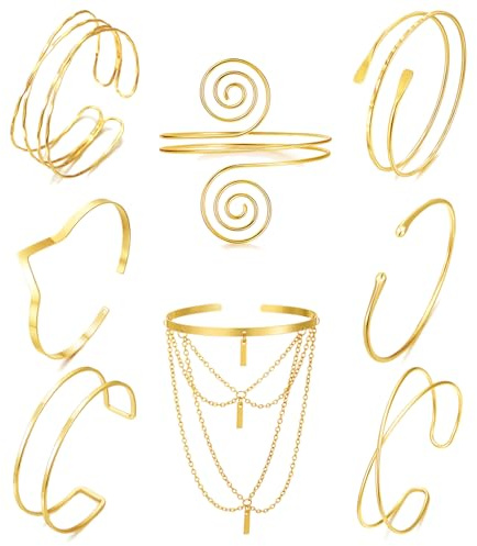 BROCC 8Pcs Gold Arm Cuff Jewelry for Women Upper Arm Cuff Bracelet Adjustable Open Armband Cuff Bracelet Set