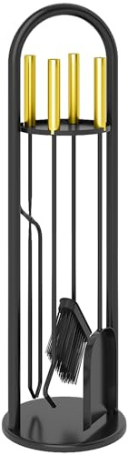 Outsunny Juego Utensilios Chimenea de 5 Piezas, Juego de Accesorios para Chimenea de Metal con Escoba, Pala, 1 Par de Tenazas, Atizador y Soporte, 20x20x71 cm, Negro y Dorado