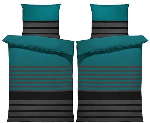 one-home Winter Biber Bettwäsche Baumwolle Kuschelig Flauschig Warme Weiche Flanell Bettbezüge Modern, Größe:4 teilig 135x200 cm, Farbe:Gestreift Petrol