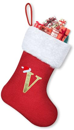 Putentfun Weihnachtsstrumpf Personalisiert 30cm Großer Nikolausstrumpf mit Buchstaben Plüsch Stockings Hängender Ornamente Weihnachtsdekorationen für Weihnachtsbaum und Heim 26 Buchstaben - V