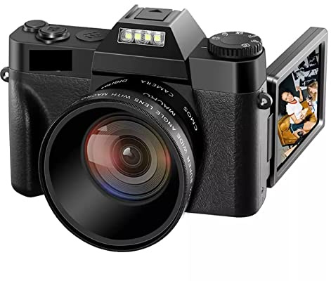 Fotocamera digitale, Retro Vintage 48MP Selfie Camera Flip Screen Videocamera grandangolare 4K Obiettivo macro Vlog Fotografia Videoregistratore digitale(128G SD Card,With Lens)
