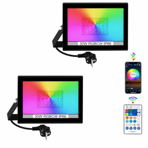 Foco LED exterior RGB, T-SUNUS 30 W RGB, foco exterior con aplicación Bluetooth, IP66 resistente al agua, 16 millones de colores, temporizador para jardín, fiesta, discoteca