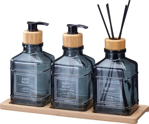 Envenzo Bathroom Dispenser Set, 4 Pieces with Glass Soap Dispensers, Reed Diffuser, Bamboo Tray, 350ml, Green (Blue)
