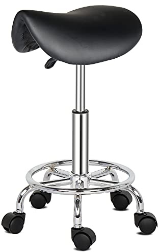 TactFire Sgabello con Ruote Regolabile in Altezza in Pelle PU, Sedia da Lavoro Imbottita con Cuscino in Pelle, per Casa, Parrucchiere,Ufficio (1, Nero)