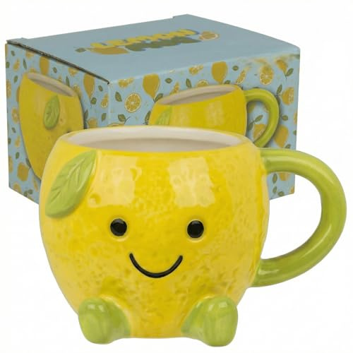 MIJOMA Kawaii Dolomit-Becher Zitrone 385 ml – 3D-Relief mit Gesicht – glasiert und standfest – für Kaffee Tee Kakao