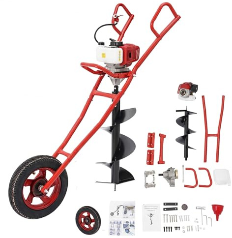 EGBNSY Tarière à Essence 63CC, 1,46kW Tariere Thermique, Enfonce Pieux Thermique, Réservoir 1L, Double Poignée, Grande Roue, Tariere Manuelle pour Clôture, Plantation Arbres, Excavation (Rouge)