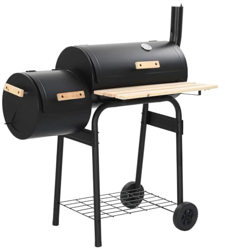 Ordellia Barbecue à charbon de bois classique en acier avec étagère en bois, 3 grilles chromées, thermomètre, rabat de cheminée, pour jardin, terrasse, camping et extérieur