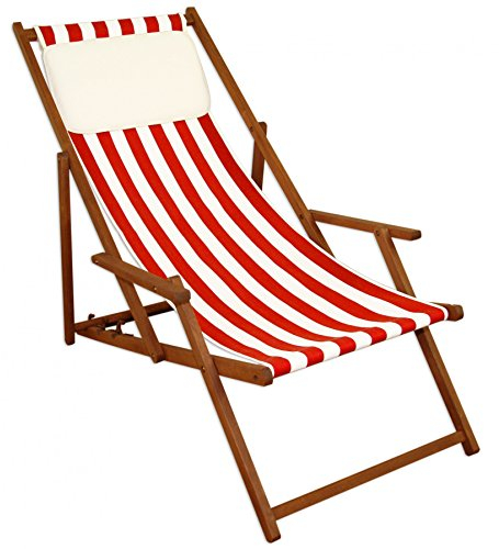 Sedia a Sdraio a Righe Bianco-Rossa in Faggio con braccioli e Cuscino Chiaro 10-314KH