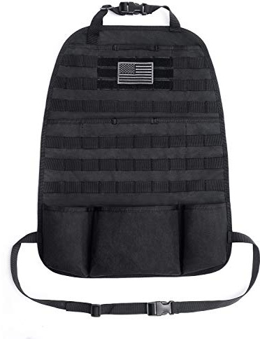 Tacticool Organizador de respaldo de asiento de coche, panel táctico Molle mejorado, ajuste universal, protector de asiento de coche con parche extra de bandera de Estados Unidos (negro)