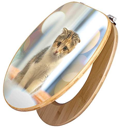 banjado Design WC Sitz Bambus 45x37,5cm / Toilettendeckel Holz/hochwertiger Toilettensitz/Bambus-Toilettendeckel für alle gängigen Toiletten - Kleine Katze