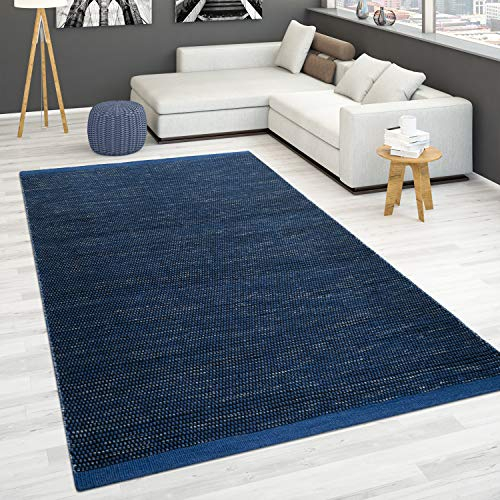 Paco Home Handgewebter Teppich Flachgewebe 100% Wolle Skandinavischer Stil in vers. Farben, Grösse:140x200 cm, Farbe:Blau