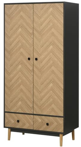 HOMCOM Modern Wardrobe Cabinet with 2 Hanging Rods Dark Grey | Wood-Effect Sticker Surface with 2 Storage Shelves and 2 Drawers, 90 x 50 x 190 cm