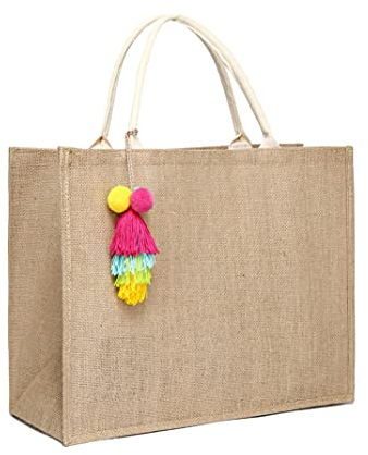 JOLLQUE Jute Strandtasche für Frauen, natürliche wasserdichte Sommer Pool Handtasche, Trip, Picknick Tote Taschen mit Griff.(Extra groß)