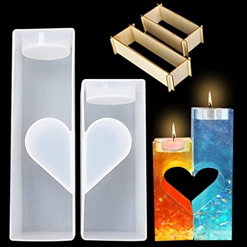FineInno 2 Stück Kerzenhalter Silikonformen, Herzform Teelichthalter Resin Gießformen, Kerzenständer Epoxidharz Formen für DIY Valentinstag Hochzeit Dekoration (Candle Holder Molds)