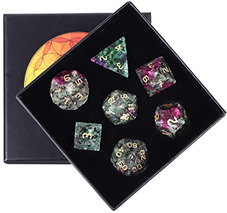 KYEYGWO Rubin in Fuchsite Kristall Polyedrische Würfel Set, 7pcs Reiki Heilung Stein Polyedrischer Spielwürfel für Dungeons und Dragons RPG DND Dice Tischkartenspiele Brettspielwürfel