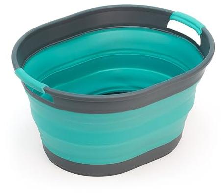 SAMMART Wäschekorb aus Kunststoff, zusammenklappbar, 23 l, ovale Wanne/Korb – faltbarer Aufbewahrungsbehälter/Organizer – tragbare Waschwanne – platzsparender Wäschekorb (Grau/Kristallblau)