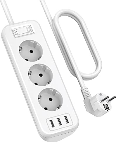 3 Fach Steckdosenleiste mit 3 USB, SUDEERY Multifunktionale Verteilersteckdose Ecksteckdose mit Schalter, Mehrfachsteckdose Überlastschutz mit 1.8m Verlängerungskabel für Küche, Weiß
