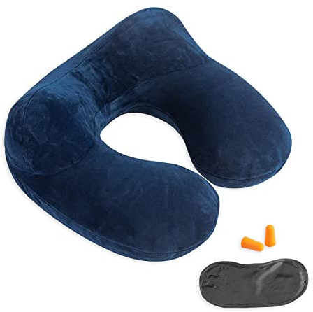 Inflatable Travel Pillow - 100% Soft Velvet Neck Support for Traveling, Airplanes, Trains, Cars, and Offices with Compact Carrying Bag, Breathable and Washable Cover, Ideal for Adult Sleepers -Blue