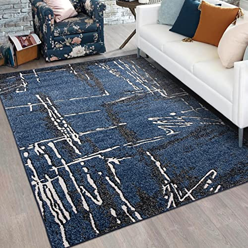 Mazovia Modern Teppich Wohnzimmer, Kurzflor elegant glänzender - Abstrakt Design - Wohnzimmerteppich in Blau Marineblau 80 x 150 cm