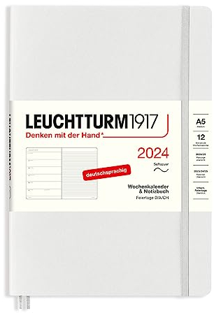 LEUCHTTURM1917 367769 Wochenkalender & Notizbuch Medium (A5) 2024, Softcover, Light Grey, Deutsch, 12 Monate
