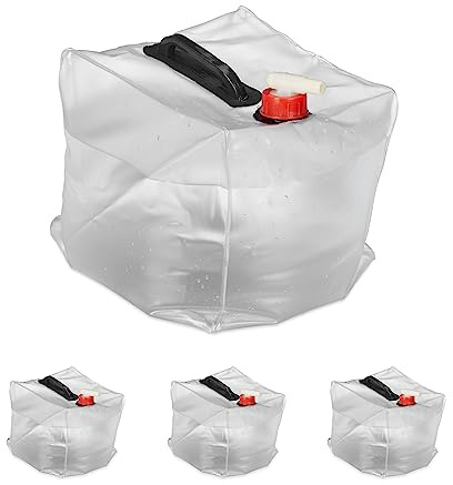 Relaxdays Wasserkanister 4er Set, 10 L, faltbar, Zapfhahn, Griff, Camping Kanister, BPA-freier Kunststoff, transparent