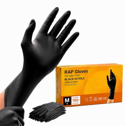 RAP Black Nitrile Disposable Exam Gloves Medium Pack of 100 Powder Free | Latex free with textured fingertip grip, ambidextrous, for tattoo studios, salons, valeting, mechanics and catering