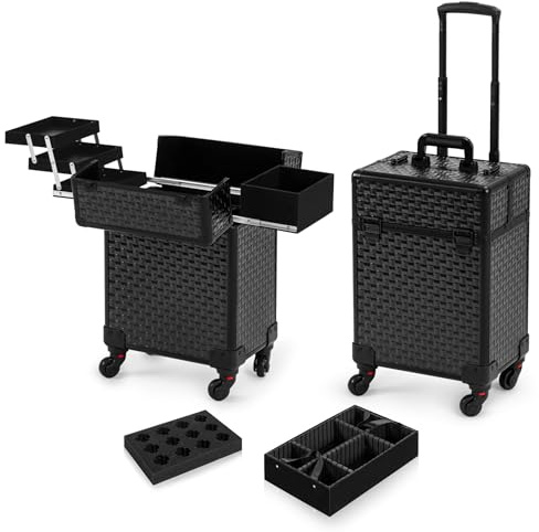 Arous rullande makeupfodral kosmetisk resevagn 4 brickor med skjutskena, avtagbar mellanlager med nyckel, svängbara hjul, salong, frisörväska, resevagn, svart, rullande makeupfodral
