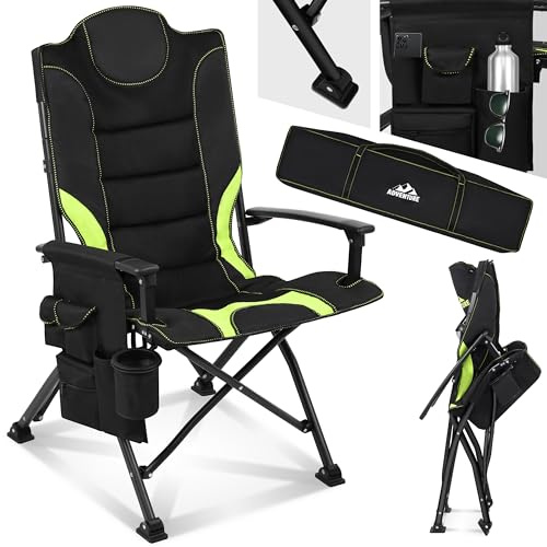 Onbest Campingstuhl faltbar, Hochlehner bequem gepolstert mit viel Stauraum, Getränkehalter, 2 Armlehnen, bis 150 kg belastbar, Klappstuhl kompakt & leicht mit Tasche, Camping Stuhl