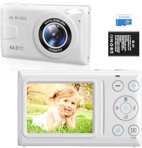Appareil photo numérique compact 4K pour enfants, appareil photo autofocus 64 MP pour photographie et vidéo avec zoom numérique 18x, carte TF 32 Go, appareil photo vintage pour garçons et filles