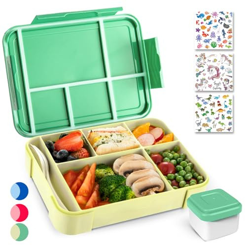 PUWOWYE Lunch Box, Porta Pranzo con Posate, 1330ml Bambino Adulto Bento Box con 5 Scomparti, Schiscetta Contenitore Pranzo per Microonde Lavoro Picnic Ufficio, Senza BPA(Verde)