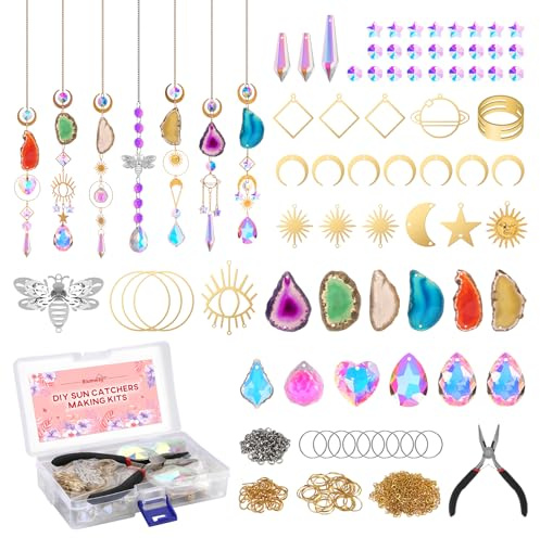 Blumway Kristall Sonnenfänger 168 Stück DIY Bastelsets Sonnenfänger Handwerk für Fenster, Stern Sonne Mond Goldkette Anhänger Kristalle Hängender Schmuck Regenbogen Tropfen Prisma