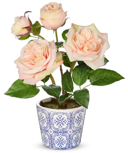 Briful 13.4 Artificial Roses in Pot - Silk Flowers Faux Roses in Blue and White Ceramic Pot - 34cm Light Apricot Artificial Flowers Fake Plants for Living Room, Bedroom, Windowsill