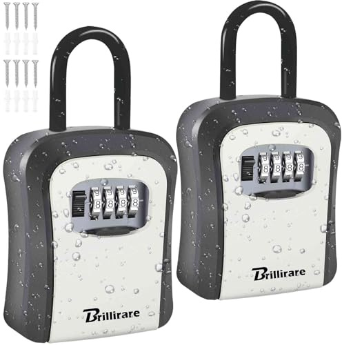 BRILLIRARE 2 Pack Key Lock Box, Waterproof 4 Digits Combination Lockbox with Removable Shackle, Wall Mount Resettable Key Hider, Upgraded Large Password Boxes for Car House Office Apartment Keys-Grey