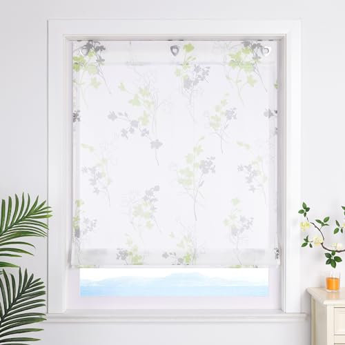 ESLIR Raffrollo Modern Raffgardine ohne Bohren Gardinen Küche Transparent Bändchenrollo mit Ösen Wohnzimmer Grün BxH 60x140cm 1 Stück